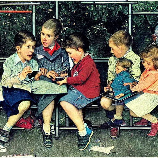 Image similar to children at a playground on smartphones, by norman rockwell