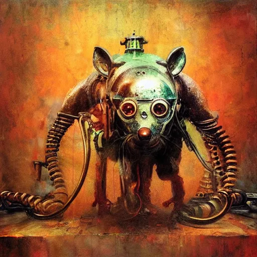 Image similar to steampunk rat, acid, 303, psychedelic, by ruan jia