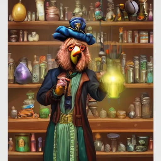 Image similar to Anthropomorphized parrot trader in his shop, shelves full, selling a gem, portrait, items, magic potions, carpet, window, fancy funny hat, sly expression , cunning expression, cute expression, presenting magic gem, D&D, fantasy, cinematic lighting, highly detailed, digital painting, artstation, concept art, smooth, sharp focus, illustration, warm light, cozy warm tint, magic the gathering artwork, volumetric lighting, 8k, no gold, no gold colours, art by Akihiko Yoshida, Greg Rutkowski