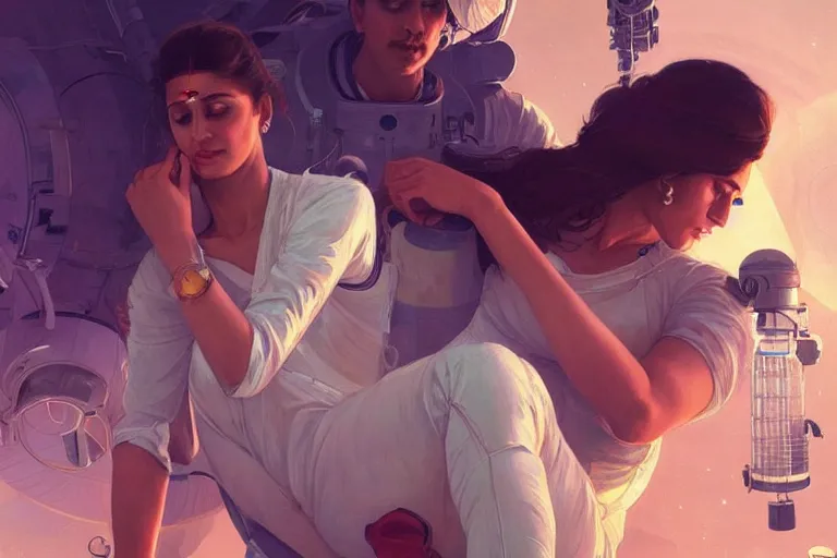 Image similar to Exhausted good looking pale young Indian doctors wearing jeans in a space station above Earth performing surgery, portrait, elegant, intricate, retrofuturistic digital painting, artstation, concept art, smooth, sharp focus, illustration, art by artgerm and greg rutkowski and alphonse mucha