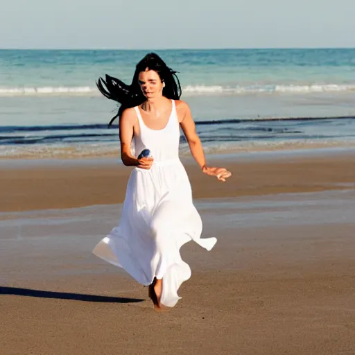 Image similar to dark haired woman in a white dress running on the beach