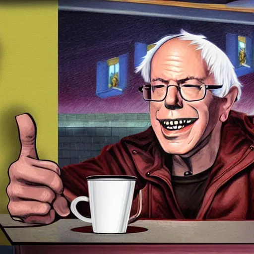 Prompt: Cyborg Bernie Sanders at a coffee shop drawn in the style of Jason Edmiston 3840 x 2160