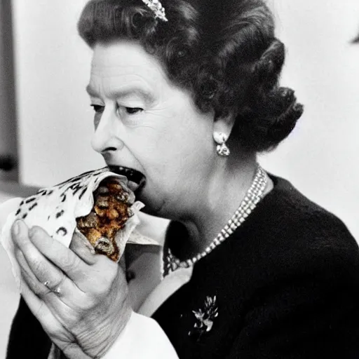 Image similar to Queen Elizabeth biting into a Taco Bell burrito