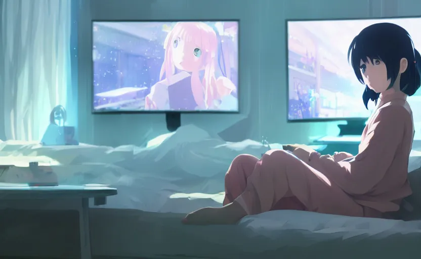 Image similar to a girl in her pajamas playing video games, anime scene illustrated by Makoto Shinkai, 4k, digital art