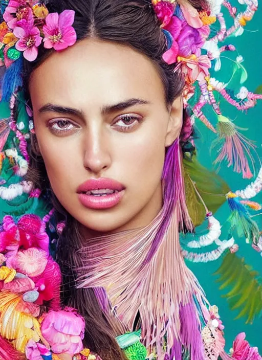 Prompt: beautiful portrait of Irina Shayk wearing fantastic Hand-dyed cotton dress,embellished beaded feather decorative fringe knots ,colorful pigtail,subtropical flowers and plants,symmetrical face,intricate,elegant,highly detailed,8k,post-processing,digital painting,trending on pinterest,harper's bazaar,GUCCI,PRADA,concept art, sharp focus, illustration, by artgerm,Tom Bagshaw,Lawrence Alma-Tadema,greg rutkowski,alphonse Mucha