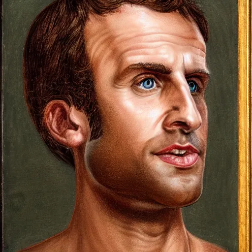 Prompt: portrait of Emmanuel macron, the prophet of the Common People, in the manner of a modern representation of Christ, high details, symmetrical face