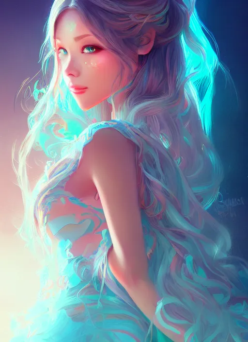 Image similar to beautiful girl with long turqoise hair, cute, intricate, highly detailed, digital painting, trending on artstation, concept art, smooth, sharp focus, backlit, rim light, vivid colors, illustration, unreal engine 5, 8 k, art by rossdraws