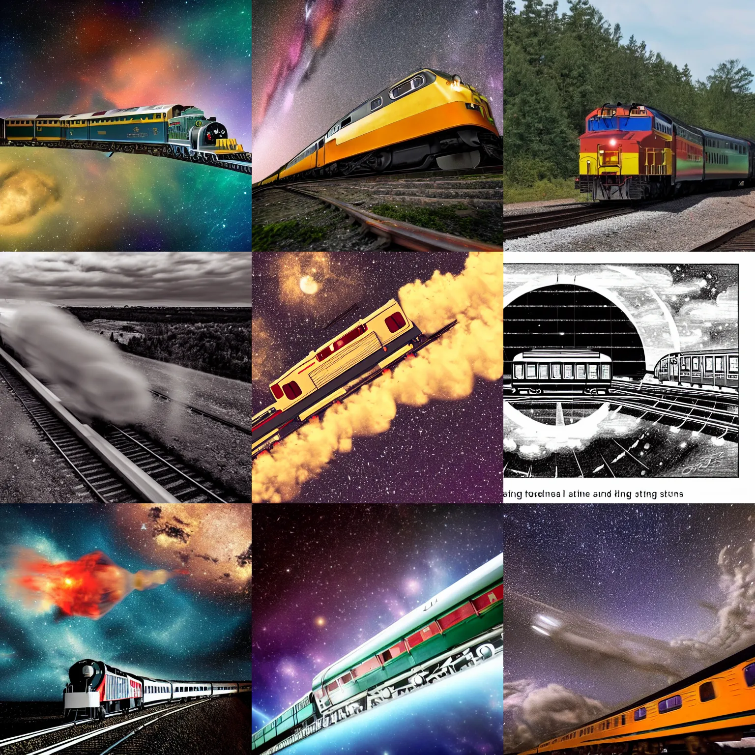 Prompt: A classic train flying through space