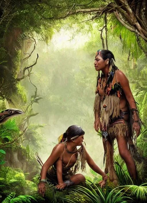 Image similar to two highly realistic indigenous people working together in the jungle, fantasy art, highly detailed, matte painting