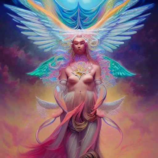 Prompt: hyper detailed painting, hyperrealist painting of an psychedelic angelic celestial being mythical creature by peter mohrbacher, by sam spratt trending on artstation, sacred geometry, esoteric art