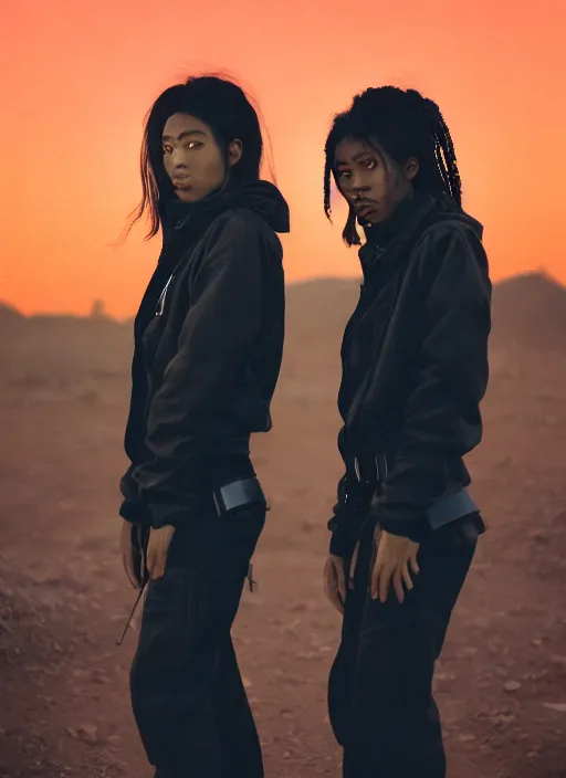 Prompt: photographic portrait shot on cinestill 5 0 d of two loving clones, women wearing rugged black techwear on a desolate plain with a red sky, closeup, diverse race, cyberpunk, in front of a brutalist dark metal facility, dust storm, 3 5 mm, 8 k, depth of field, high resolution, ultra realistic faces