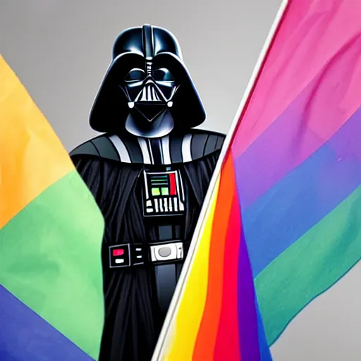 Prompt: photo of darth vader holding a gay pride flag