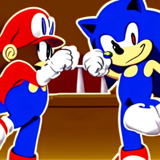 Image similar to sonic the hedgehog arm wrestling mario in a bar, jojo style by hirohiko araki