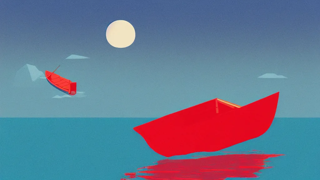 Prompt: a red boat floating on top of a body of water, a screenprint by Tom Whalen, behance contest winner, australian tonalism, matte drawing, outrun, low poly