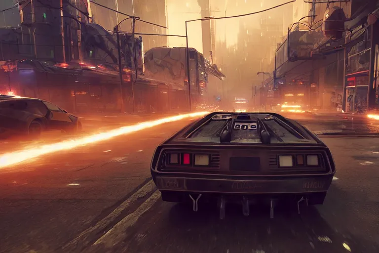 Image similar to photo of the back to the future combat delorean driving on wet post apocalyptic dystopian cyberpunk city streets at night, rocket league, mad max, action, speed, volumetric lighting, hdr, gta 5, makoto shinkai, syd mead, craig mullins, cinematic, fast and furious, octane, 8 k, iso 1 0 0, 1 2 mm