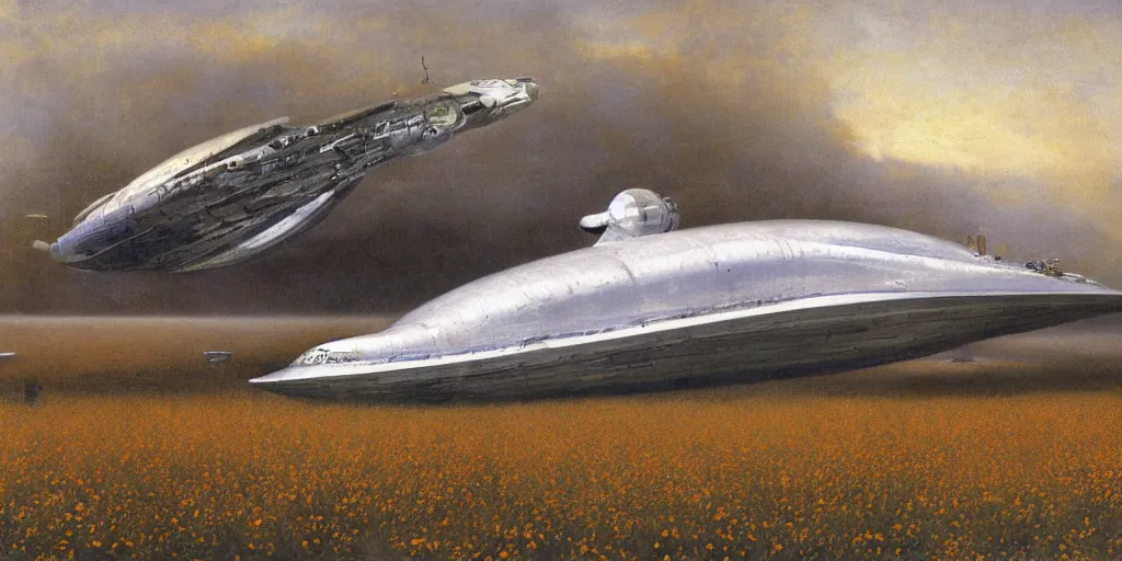 Image similar to Fernand Khnopff super technologies white giant spaceship starship battlestar airship landed laying in center on tansy wormwood field, snowy mountain afar by Fernand Khnopff by john berkey, oil painting, concept art