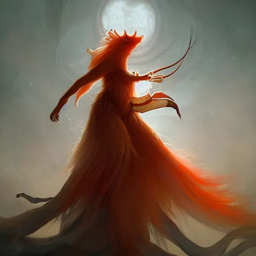 Image similar to prompt A beautiful portrait of a white red orange kumiho, backlit, concept art, matte painting, by Peter Mohrbacher