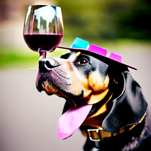 Prompt: a dog with a wine glass on his head, photo, detailed, 3 5 mm