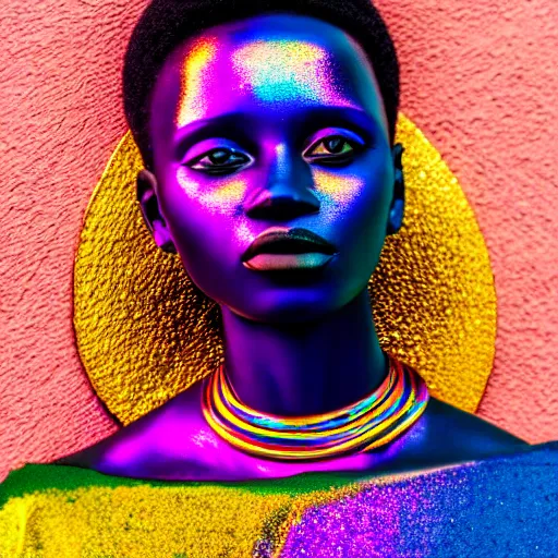 Image similar to portrait of iridescent metalic face, african woman, colorful reflections, proud, looking away, outdoor, blue sky, 8 k, realistic, depth of field, highly detailed, art photography