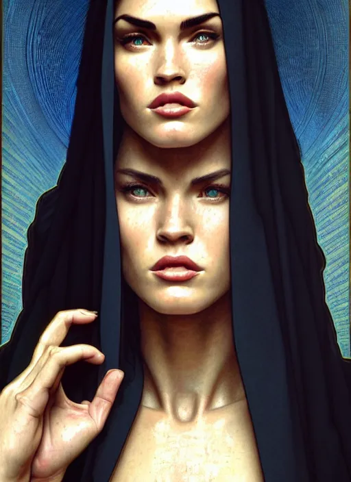 Image similar to portrait of megan fox as nun, bible, catholic, religion, cross, praying, intricate, headshot, highly detailed, digital painting, artstation, concept art, sharp focus, cinematic lighting, illustration, art by artgerm and greg rutkowski, alphonse mucha, cgsociety