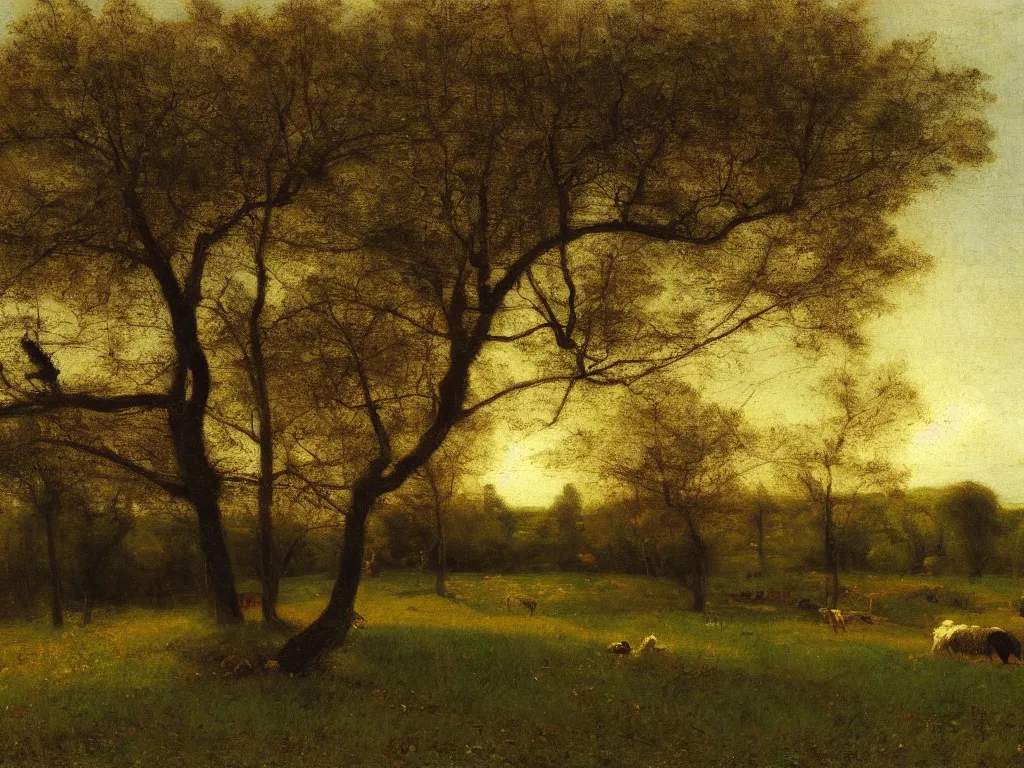 Image similar to a beautiful landscape, springtime morning, by george inness, oil on canvas, luminism, hyperrealism
