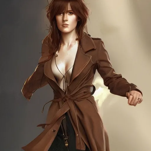 Image similar to full figure ultra realistic illustration, evan rachel wood with brown hair and bangs, wearing a brown trench coat, intricate, elegant, highly detailed, digital painting, artstation, concept art, smooth, sharp focus, illustration, art by artgerm and greg rutkowski and alphonse mucha