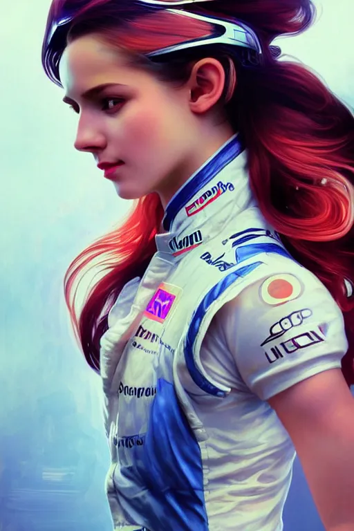 Image similar to portrait beautiful female formula one racer, wearing formula one racer uniform, sitting on a formula one car, ssci-fi, fantasy, intricate, very very beautiful, elegant, human anatomy, neon light, highly detailed, digital painting, artstation, concept art, soft light, smooth, sharp focus, illustration, art by tian zi and WLOP and alphonse mucha