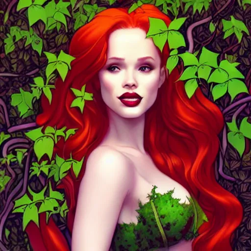 Image similar to beautiful Madelaine Petsch poison ivy DC comics, evil smile, realistic character concept, fun pose, comic book, illustration, slender symmetrical face and body, surrounded by vines and plants, artstation, cinematic lighting, hyperdetailed, high resolution, Charlie Bowater, Tom Bagshaw, single face, insanely detailed and intricate, beautiful