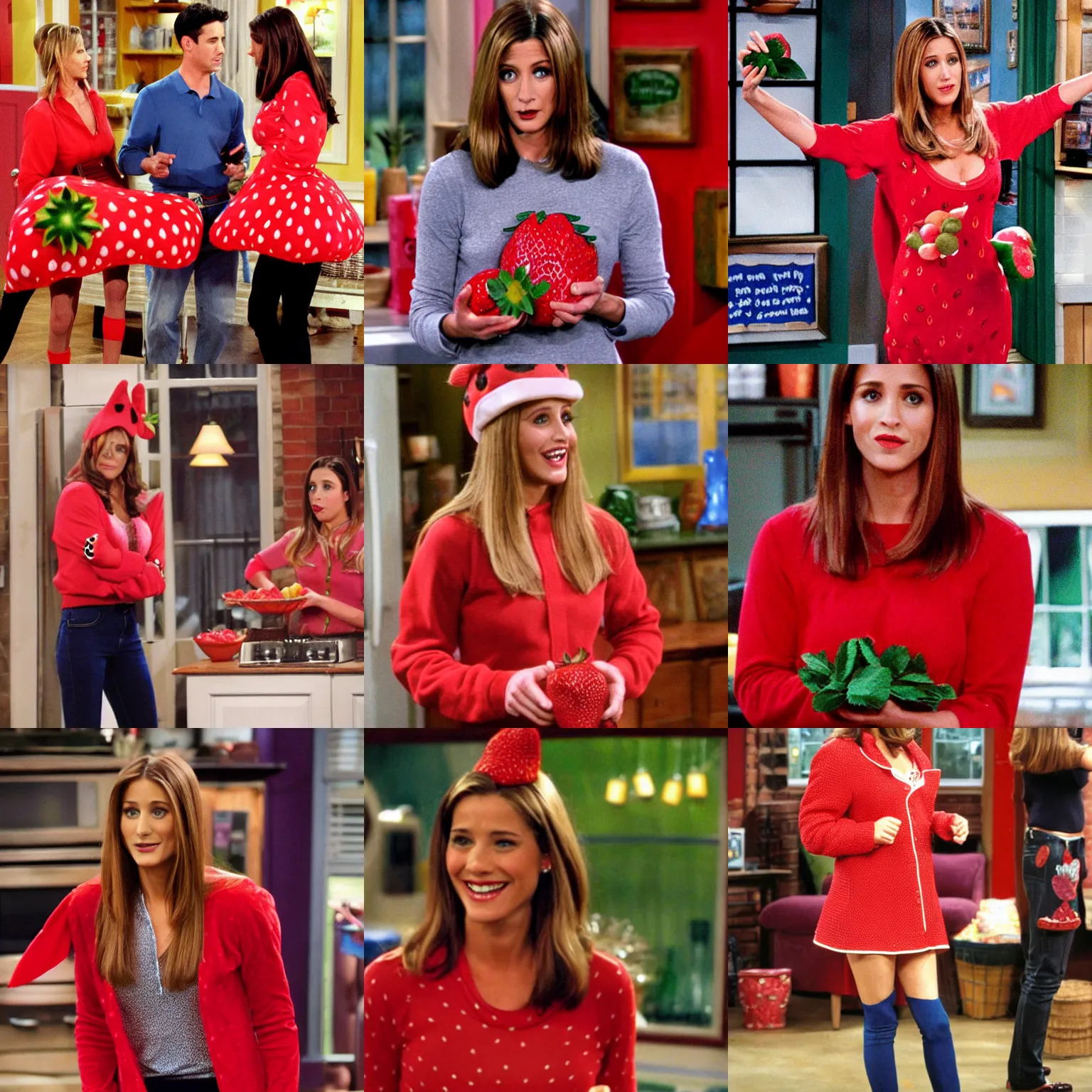 Prompt: rachel from friends wearing a strawberry costume