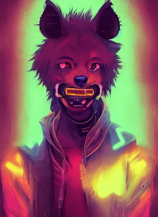 Image similar to beautiful portrait commission of a male furry anthro hyena fursona wearing skater clothes. Cyberpunk city at night in the rain. Neon light. Atmospheric. Character design by charlie bowater, ross tran, artgerm, and makoto shinkai, detailed, inked, western comic book art