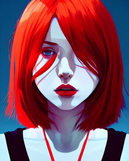 Image similar to a detailed portrait of an attractive woman with red hair and freckles by ilya kuvshinov, digital art, dramatic lighting, dramatic angle