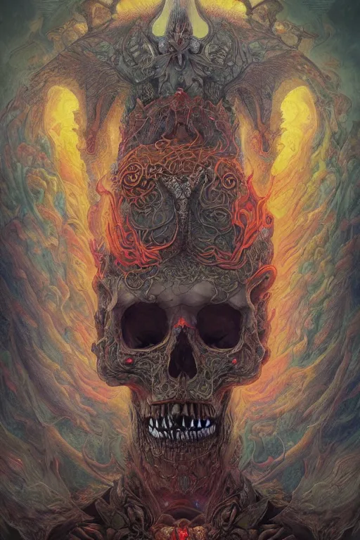 Image similar to gigantic psychedelic demonic skull lord of death and fire, fantasy painting, ultra realistic, wide angle, art nouveau, intricate details, rainbowshift, vivid colors, highly detailed by peter mohrbacher, h. r. giger, maxfield parrish, gaston bussiere, gustave dore, beksinski, craig mullins, octane render, cgi