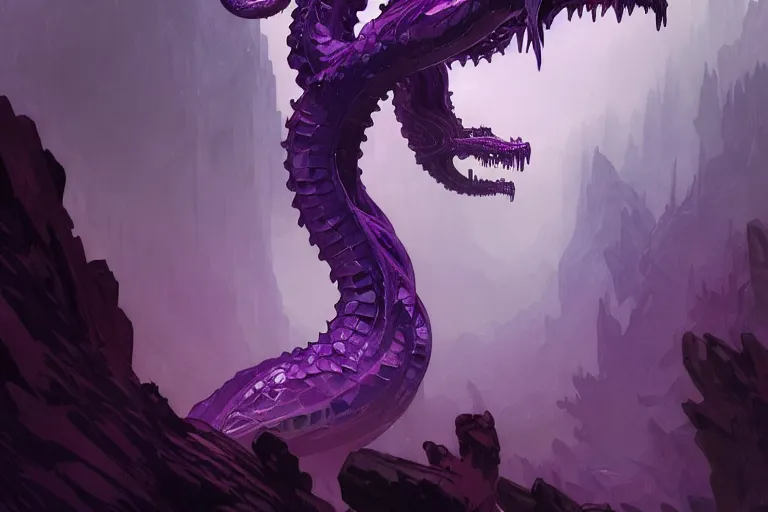 Image similar to concept art, view from afar of a crystal hydra, d & d creature, by greg rutkowski and alphonse mucha, gradient black to purple, monoliths in a dark forest background, highly detailed, digital painting, artstation, concept art, smooth, sharp focus illustration, artstation hq