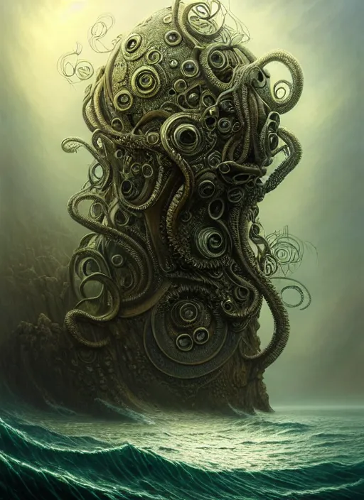 Image similar to cthulu emerging from ocean, a scenic dystopian environment, lovecraftian, intricate, elegant, highly detailed, centered, digital painting, artstation, concept art, smooth, sharp focus, illustration, artgerm, tomasz alen kopera, peter mohrbacher, donato giancola, joseph christian leyendecker, wlop, boris vallejo