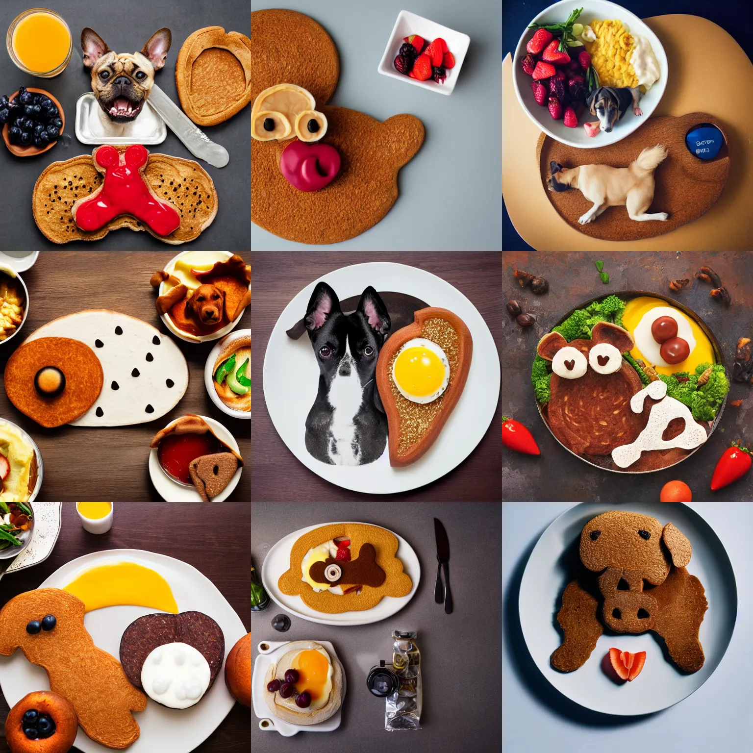 Prompt: a dog shaped breakfast, meal, food photography