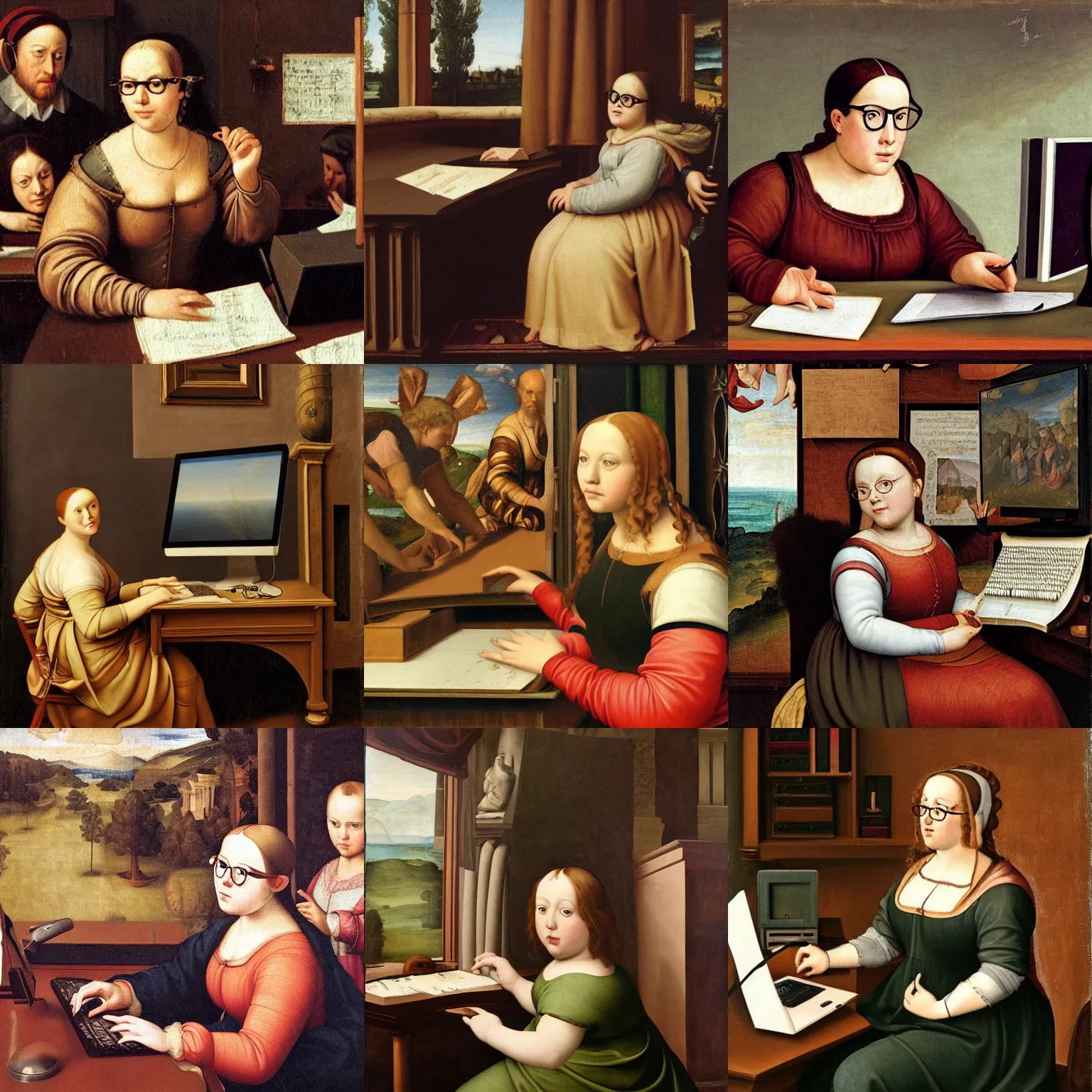 Prompt: a renaissance painting of an office with a chubby girl with glasses in front of a desktop pc typing