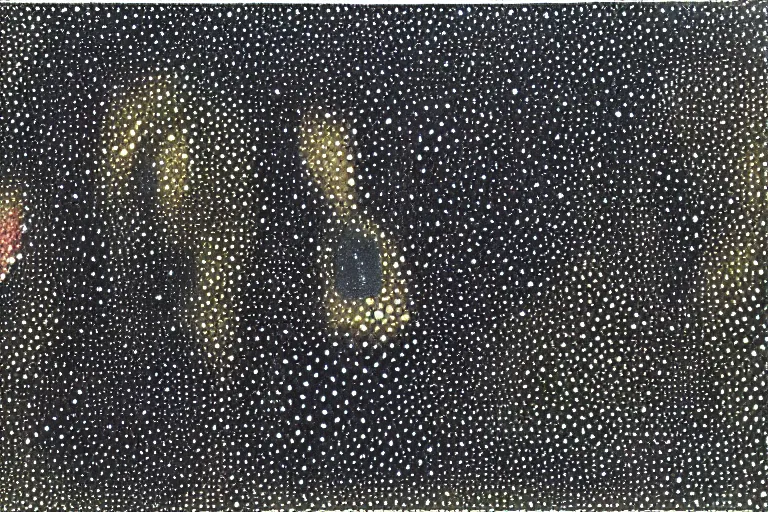 Image similar to teeth, smile, faceless people, black figures, dark, acrylic, clay, dots abstract, dripping, stipple, pointillism, technical, abstract, minimal, style of francis bacon, asymmetry, pulled apart, stretch, cloak, eerie, made of dots, abstraction chemicals, blotter, mask, colored dots, splotch, old painting style