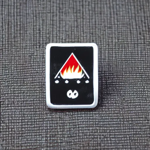 Prompt: a retro minimalistic rhombus enamel pin of a retro minimalistic clean fire warning label, smooth curves