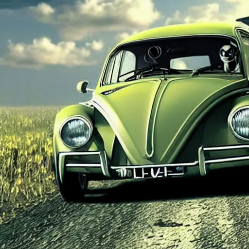 Image similar to promotional movie close - up of a ( volkswagen beatle ) car and insect lady bug hybrid. it is racing down a dusty back - road. cinematic, 4 k, imax, 7 0 mm