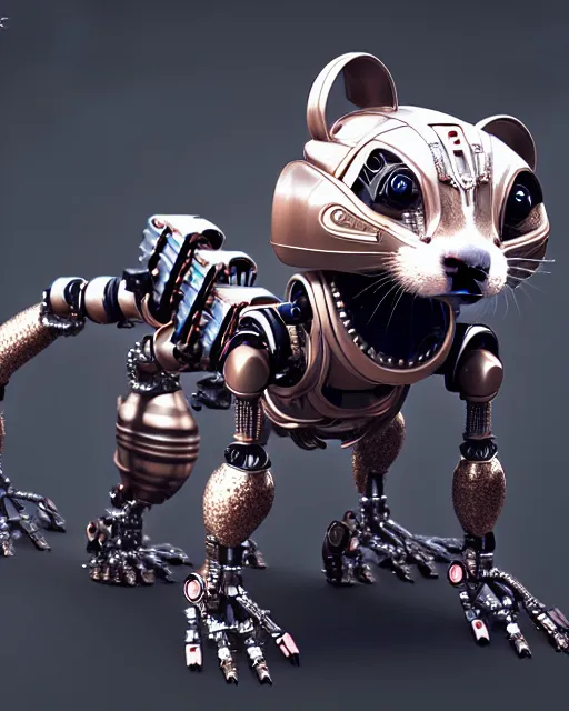 Image similar to intricate mechanical ferret metalic robot creature, digital robot fantasy creature illustration mech ferret, artstation trending robot ferret render, intricate, octane render, hyper realism, sharp focus, insanely detailed, digital painting, matte, cute mech robot ferret character, masterpiece