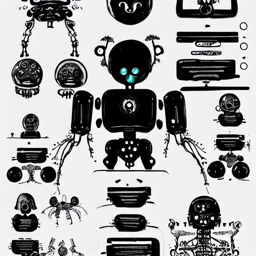 Image similar to official character sheets for an old dumbo squid biomech, digital 2 d screen smiley robot face, mechanical heart in center, covered in coral and barnacles, worn stickers, scratches, damage, art by tim schafer black velvetopia art for psychonauts from double fine studios, art by splatoon from nintendo, black light rave, adult character, apocalypse