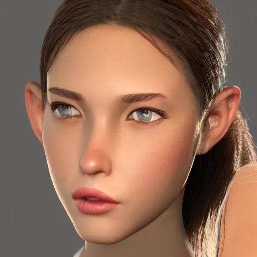 Image similar to a beautiful girl, closeup headshot, black ponytail, cinema - grade cg rendering, high detailed.