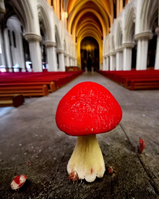Image similar to inside the cathedral, a red mushroom grows on the thorns on the ground inside the church
