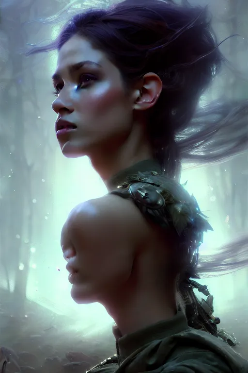 Image similar to cinematic shot of an epic portrait of a fairy dressed in military clothes, shiny skin, beautiful eyes, beautiful, small details, night setting, realistic poster with volumetric light from craig mallism, artgerm, jeremy lipkin and michael garmash, unreal engine, radiant light, detailed and complex environment, digital art, trends at art station, a masterpiece