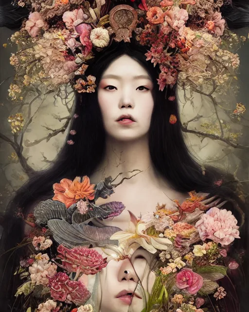 Image similar to portrait of the japanese queen of the underworld, surrounded by flowers by karol bak, james jean, tom bagshaw, rococo, sharp focus, trending on artstation, cinematic lighting, hyper realism, octane render, 8 k, hyper detailed.