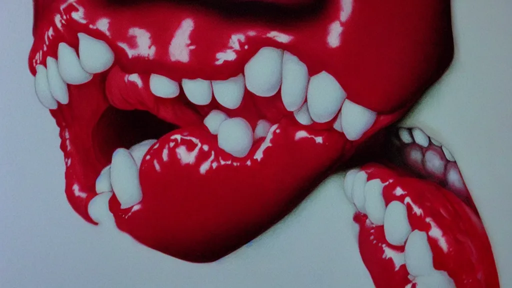 Prompt: realistic and detailed soft airbrush of a glossy shiny wet scarlet red screaming mouth on white background, inspired by 8 0 s airbrush illustrations, art by yosuke onishi