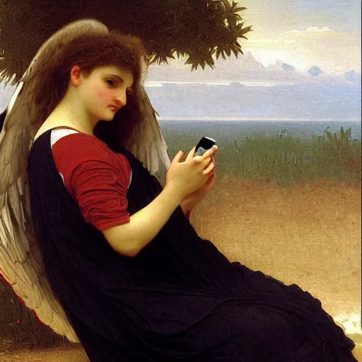 Image similar to a glorious oil painting of an angel talking through an iPhone, by Bouguereau, highly realistic and intricate