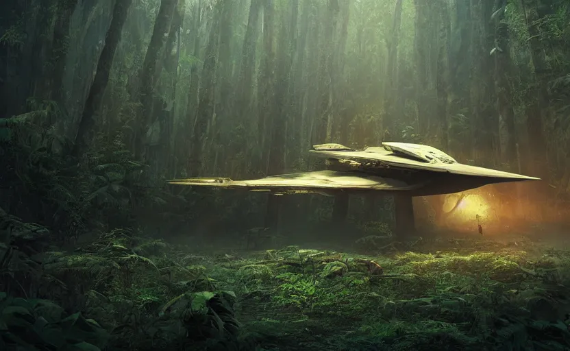 Prompt: a giant derelict crashed spaceship in a beautiful dense rainforest, foggy atmosphere, sharp details, photorealistic, octane render, golden hour, cinematic lighting, immense scale