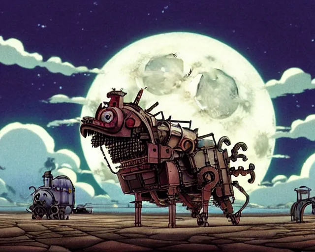 Prompt: a mechanical blueprint of a lovecraftian mechanized wolf from howl's moving castle ( 2 0 0 4 ), with a big head, in a war - torn desert village, wide shot, in front of a big moon, muted colors, post grunge, studio ghibli, hq, art by artgem