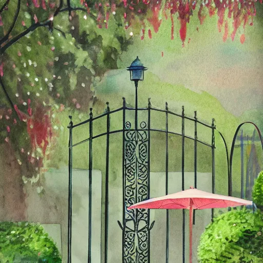 Image similar to delicate rain, symmetric artwork, chairs, garden, paved, botanic watercolors, iridescent, 8 k, realistic shaded, fine details, artstation, italian, iron gate, tree, mediterranean, marvelous